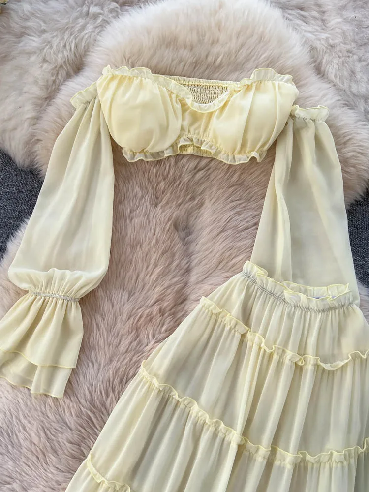 Vaion sle fora do ombro ort colheita topo saia de cintura alta conjunto feminino faion primavera outono semi-formal casual wear