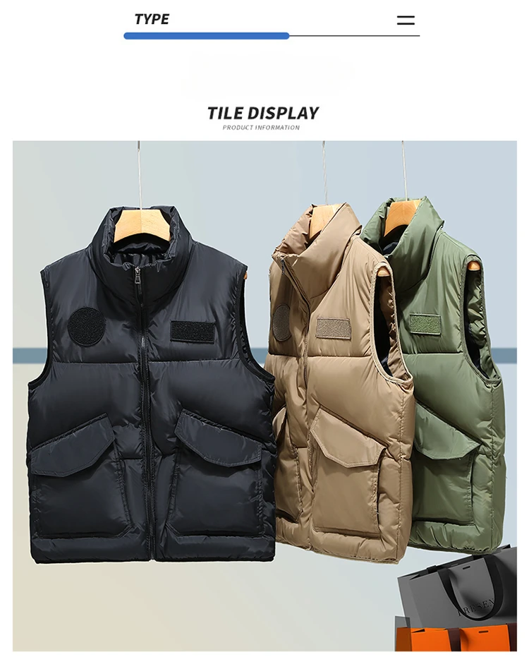 Solid Vest Men Sleeveless Jacket Casual Winter Vest Men Thick Warm Pocket Velcro Waistcoat Outwear Male Hipster Men Clothing