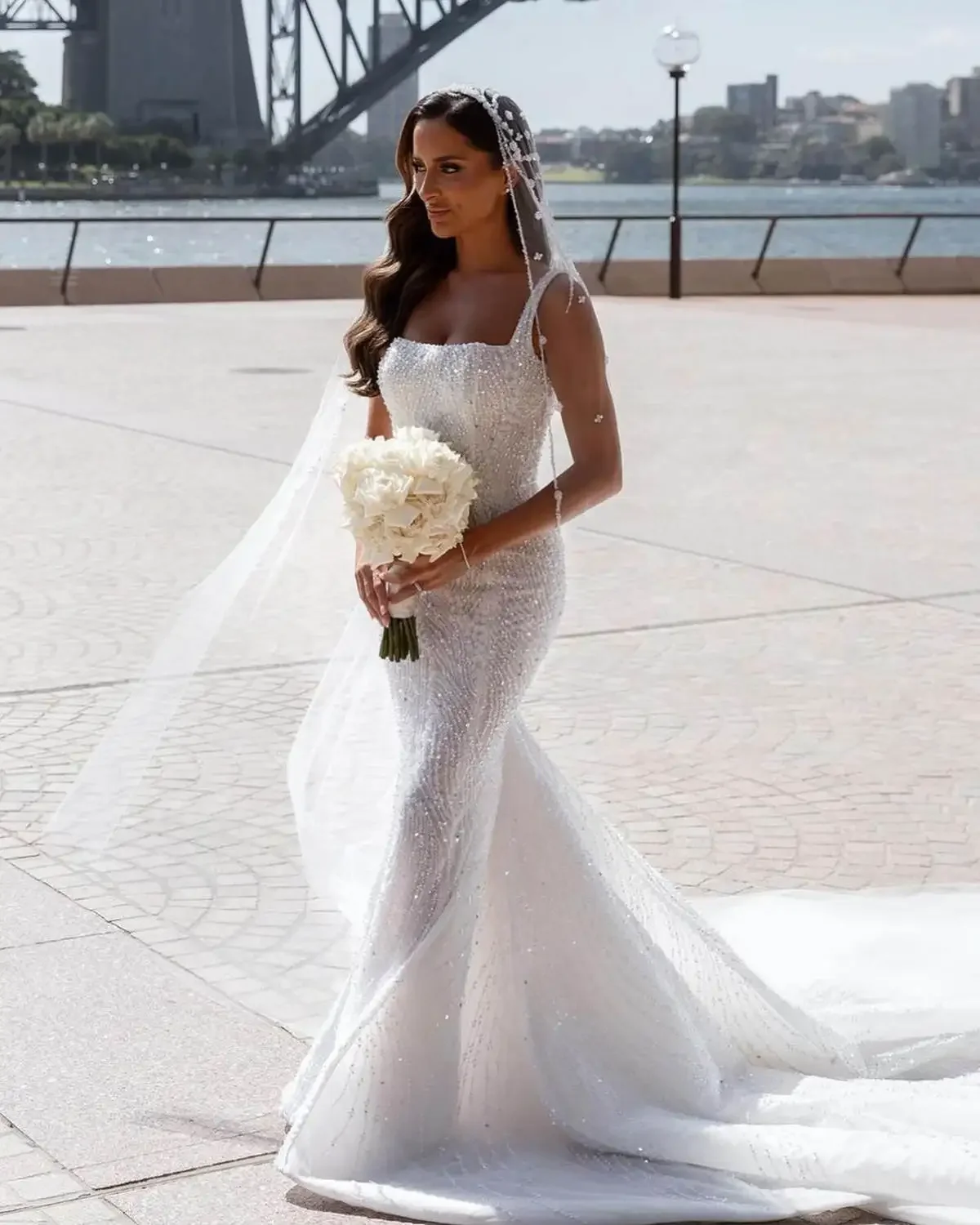 Flavinke-Vestidos De Novia De sirena personalizados, vestido De Novia con lentejuelas y perlas, tirantes finos, Vestidos De Novia