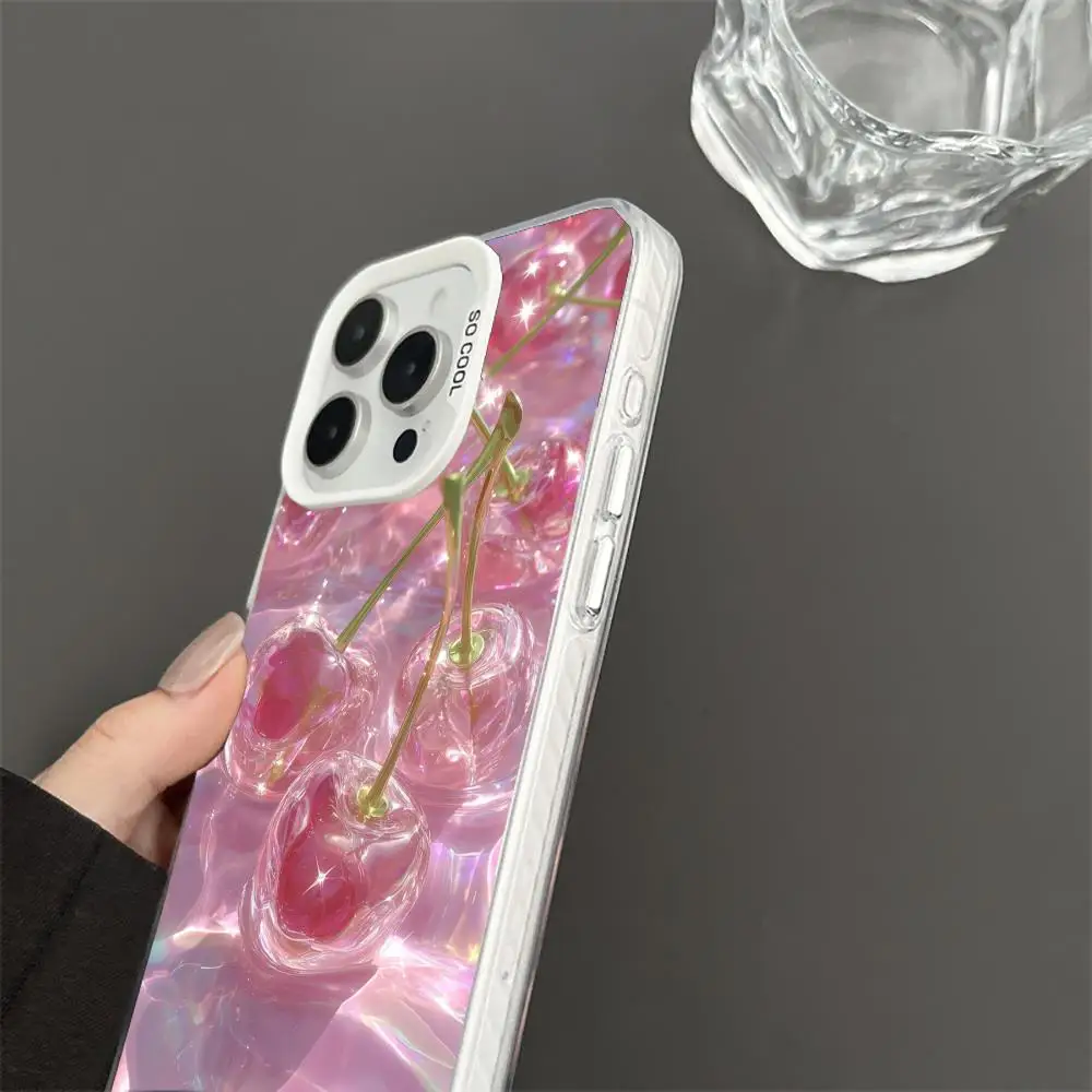 Pink cherry design case for iPhone17 16 15 14 13 12 11 Pro/ Max/Plus shock-proof rear cover anti-fingerprint
