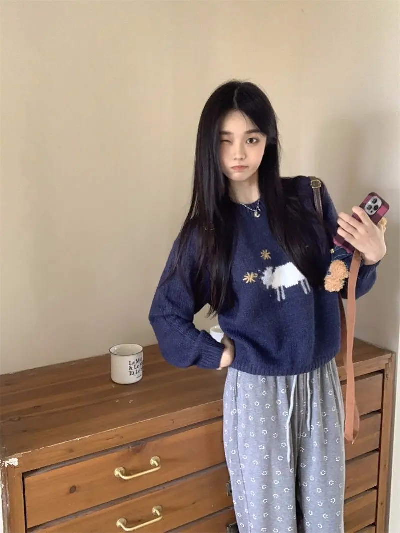 Sweet Knitted Sweaters Y2k Korean Kawaii Cartoon Sheep Sueter Mujer Women Pullovers Preppy Style Long Sleeve