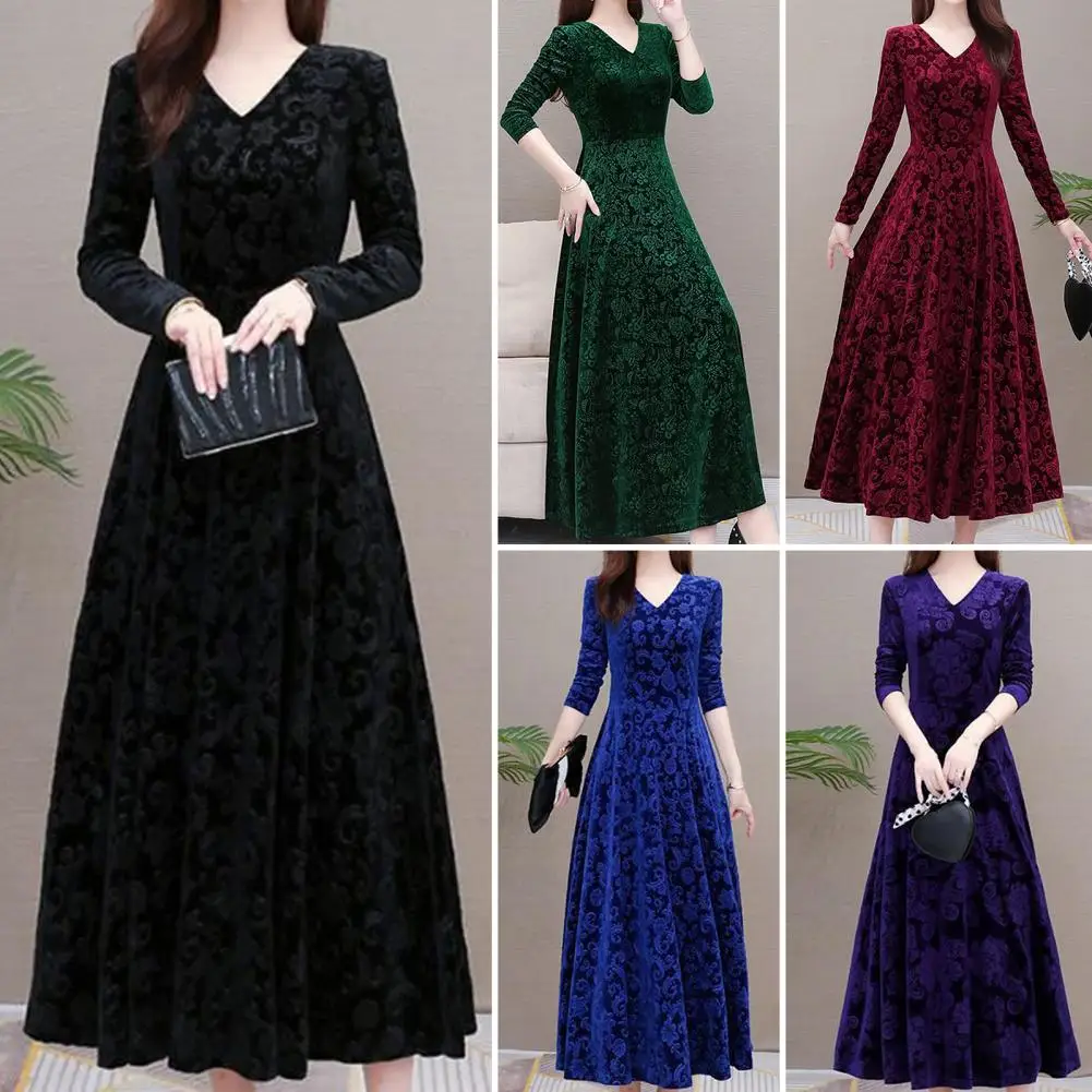Chic Ankle-Length Velvet Vintage Women Maxi Dress Unique Pattern Slim Pleated Bodycon Prom Dress Swing Large Hem Evening Dress