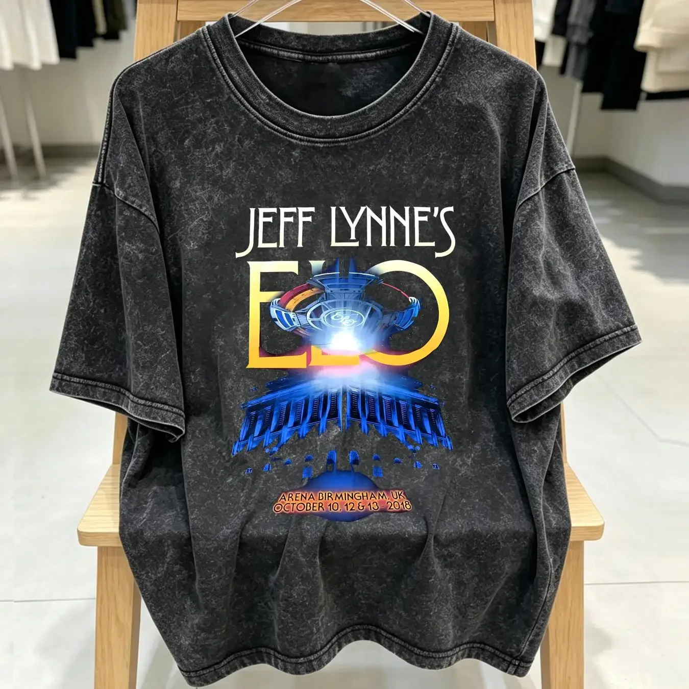 washed T Shirt Jeff Lynne ELO Tour Medium Black Concert Rock Band long or short sleeves vintage Washed streetwear Stretched