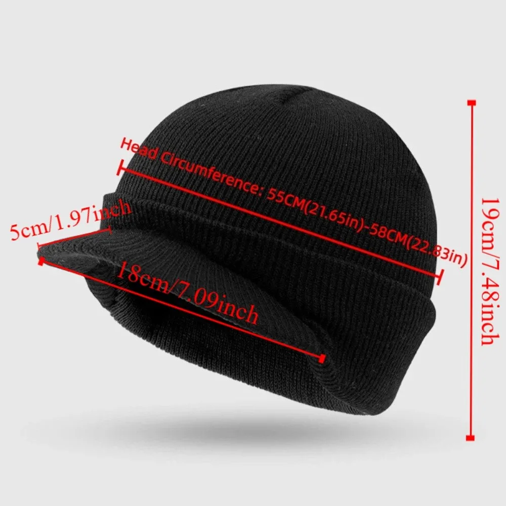 Modische, dicke, warme, gestrickte Mütze mit Ohrenklappen, kurzer Schirm, einfarbig, weich, mit Futter, für den Außenbereich – Detail 1