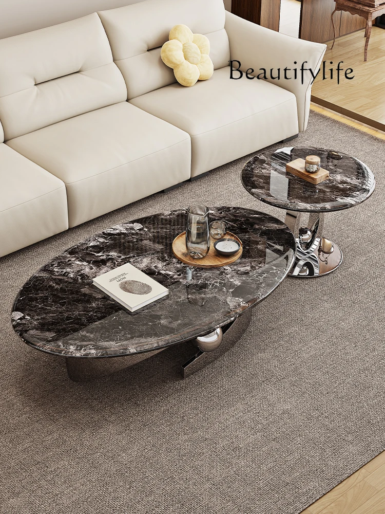 Light Luxury Tea Table Combination Living Room Small Apartment Natural Microlite Oval Tea Table Creative Tea Table