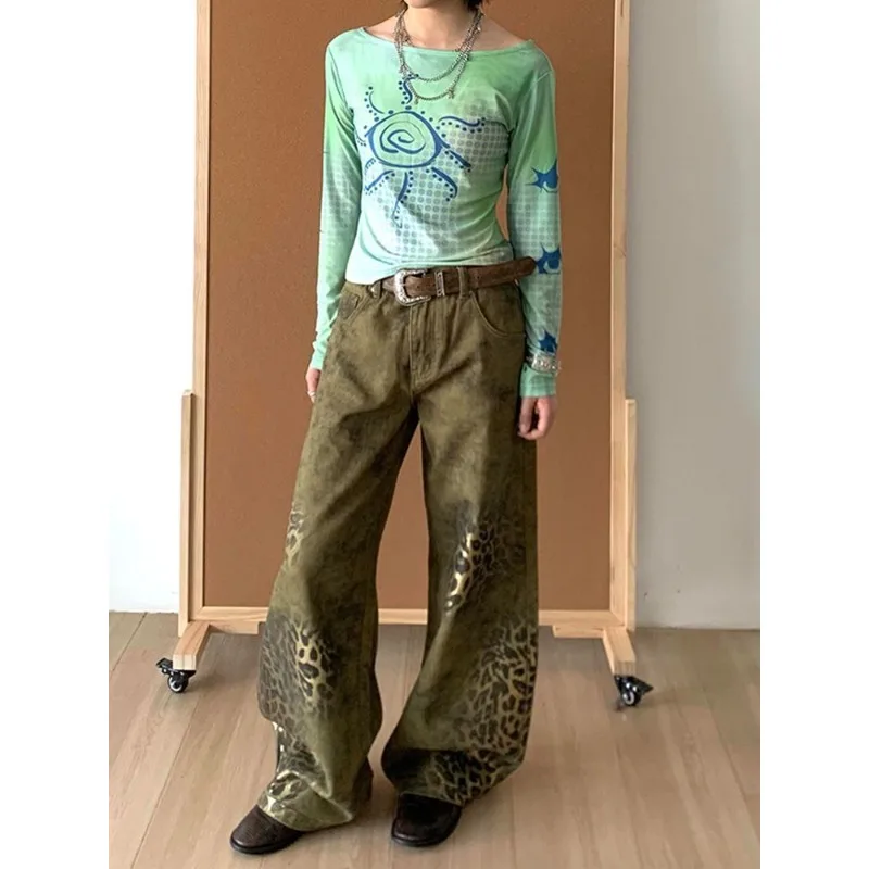 أزياء المرأة ليوبارد الجرافيك الهيب البوب الجينز فضفاض مستقيم الساق حزب الدنيم السراويل النمط الأمريكي الجديد الشارع الشهير سراويل جينز