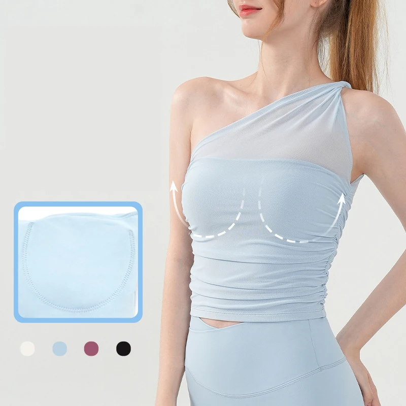 Thin Shoulder Strap Sports Bra Women's Fixed Cup Mesh Running Fitness Top Shock-Absorbing Beautiful Back Wearing Yoga Vest Women