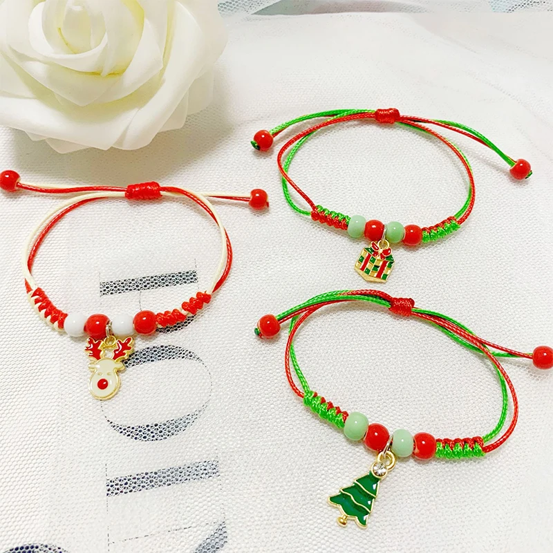 Adjustable Woven Bracelet Christmas Gift Charms Oranments Wrist Strap Xmas Snowman Tree Elk Santa Claus Snowflake Bracelets