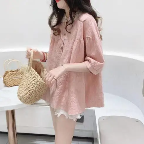 

Женский топ из хлопковой конопли с вышивкой, кружевной воротник, свободный крой Five Sve, весенний сезон