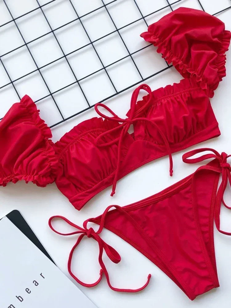 OIINAA Bathing Suit Women Red Beachwear Sexy Vintage Split Swimsuit Drawstring Bathing Suit Korean Holiday Bikini Set Summer New