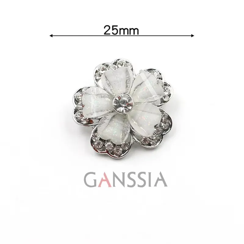 2pcs/lot Size:25mm Elegant White Flower Rhinestone Buttons Metal Shank Button for DIY Sewing Embellishment Accessories(SS-2521)
