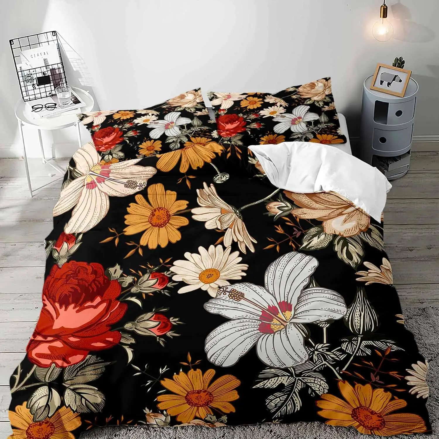 Boho Floral Duvet Cover Set Botanical Plant Flower Twin Queen Bedding Set Vintage Mid Century Farmhouse Floral Comforter Cover