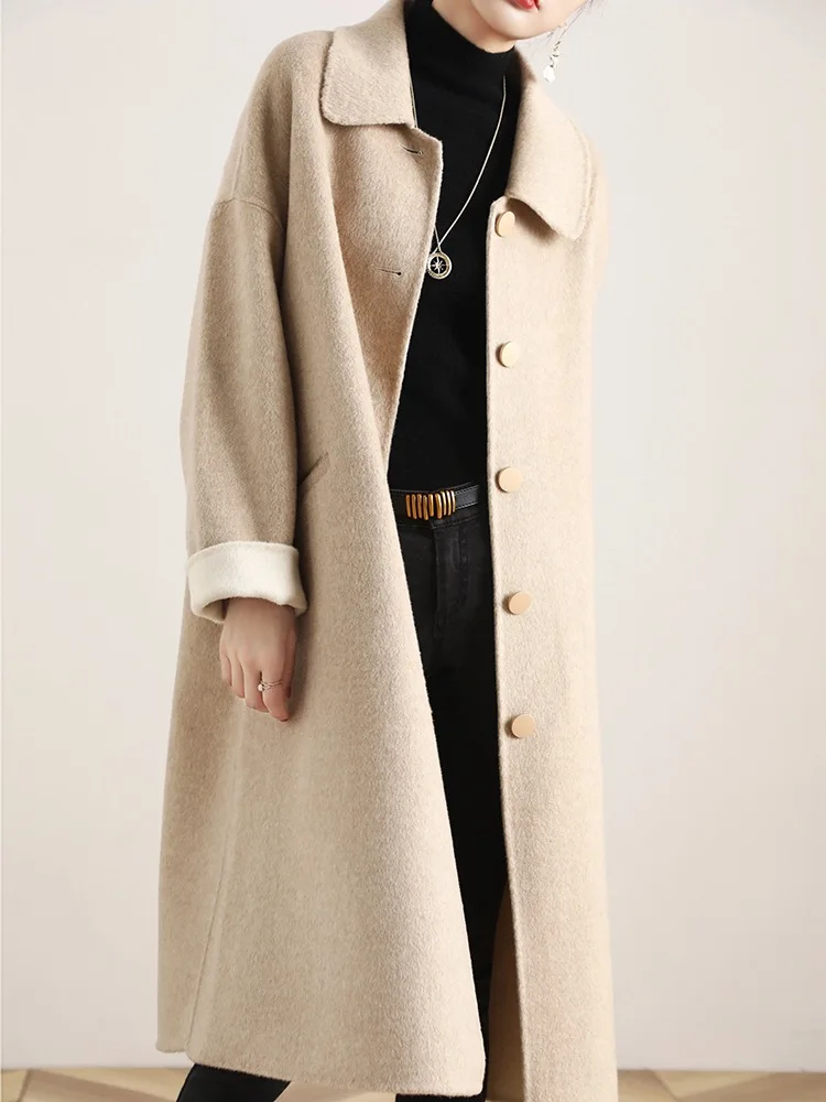 100% Australian wool women's coat casual solid color long coat doll collar double-sided tweed pocket single-breasted street
