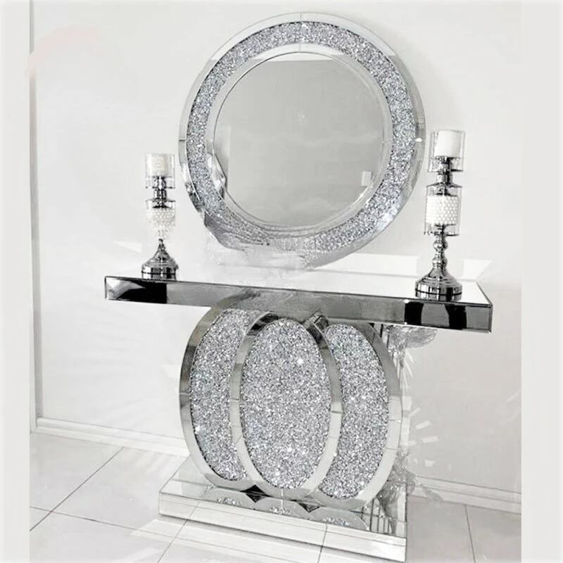 Mesa consola con espejo de cristal con diodo emisor de luz térmica para sala de estar con espejo de pared diamante triturado