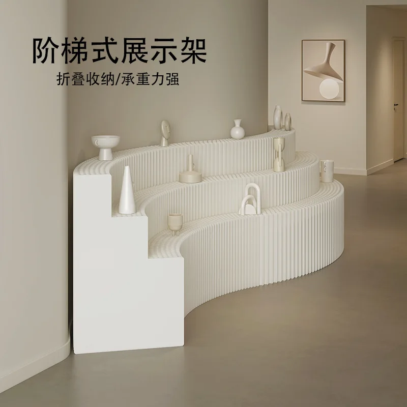 Espositore per ornamenti per prodotti per esposizione di finestre Espositore per carta telescopico con scala bianca a tre strati