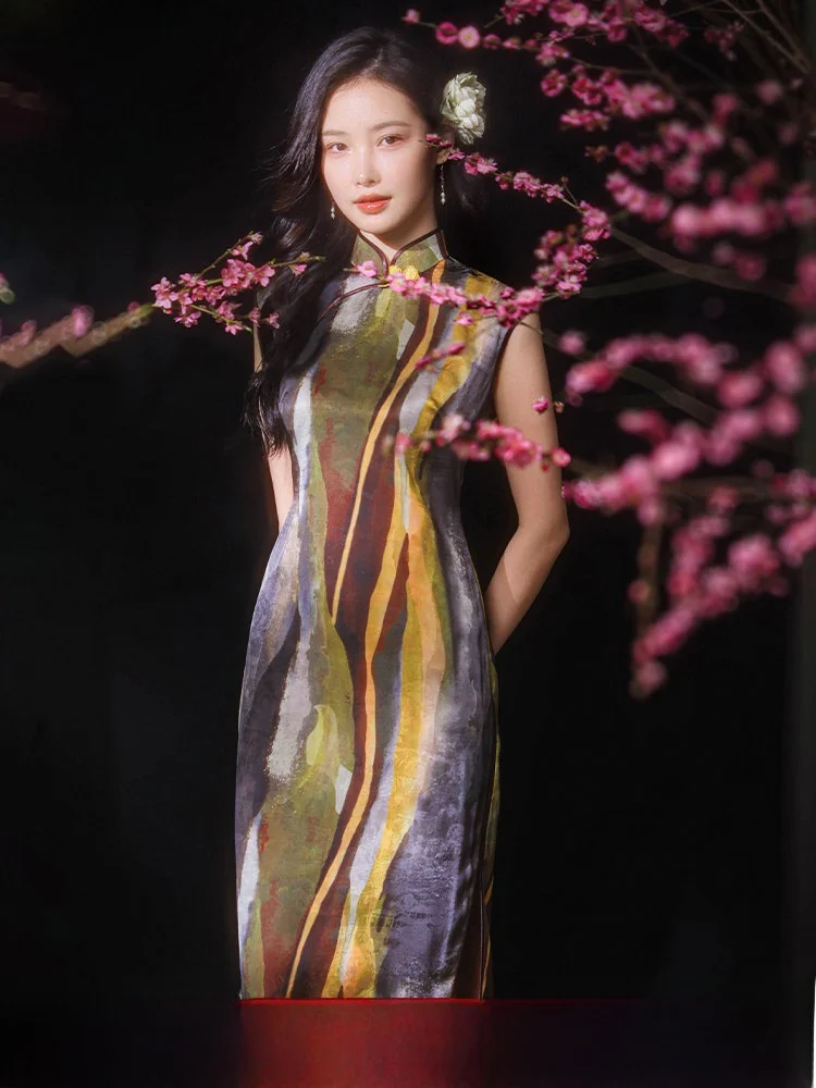 

Искусственный винтажный длинный кимоно-платье в стиле ципао с драпировкой, золотистый шелк, приталенный крой, свободный крой, дышащий полиэстер для повседневной носки