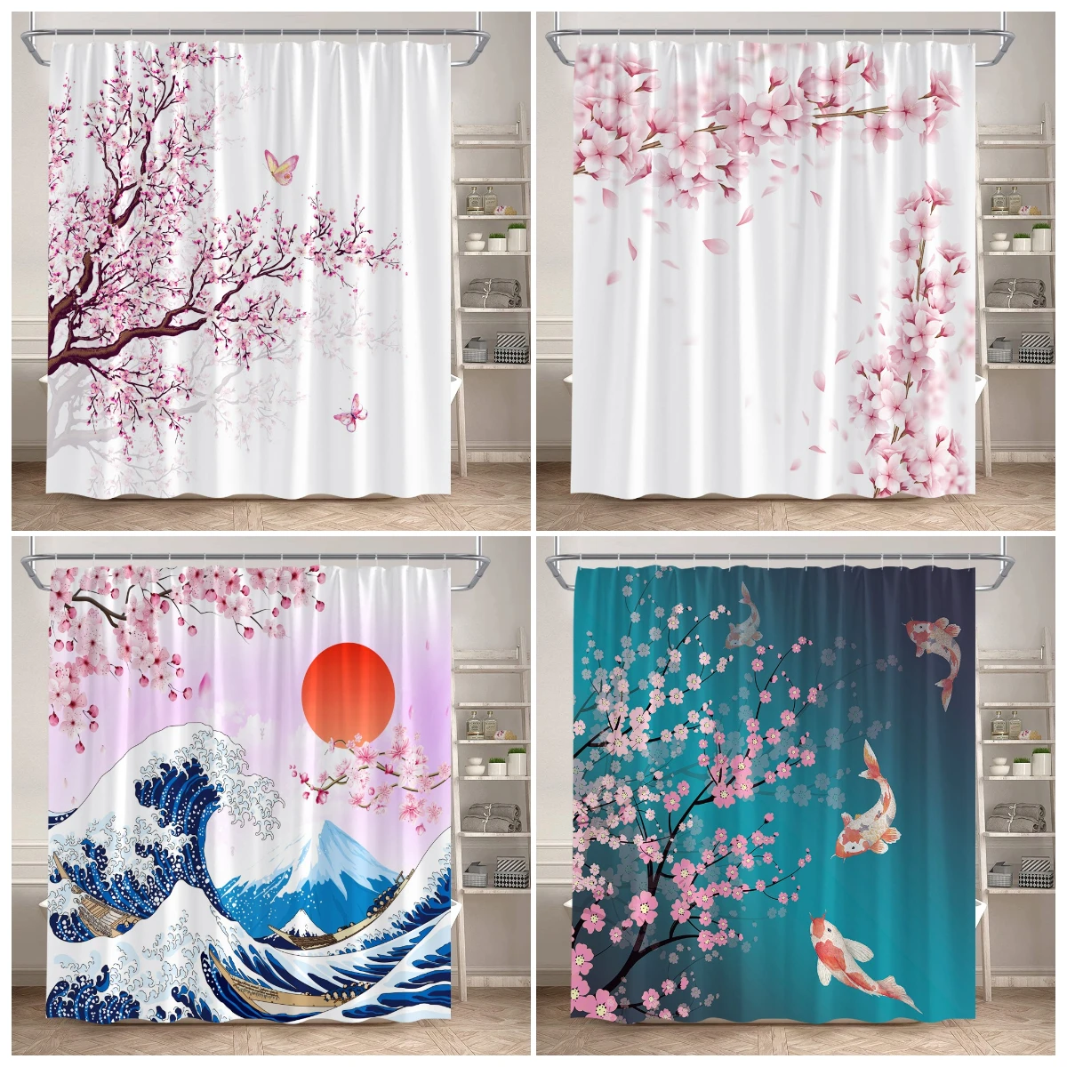 Pink Cherry Blossom Shower Curtain Butterfly Sea Wave Koi Fish Floral Japanese Style Landscape Bathroom Curtains Set Home Decor