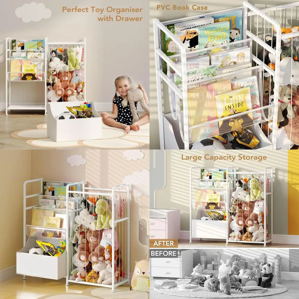 

Multi-Functional Nursery Shelf with Leather Toy Box and PVC Book Holder, Playroom and Bedroom Organizer, White