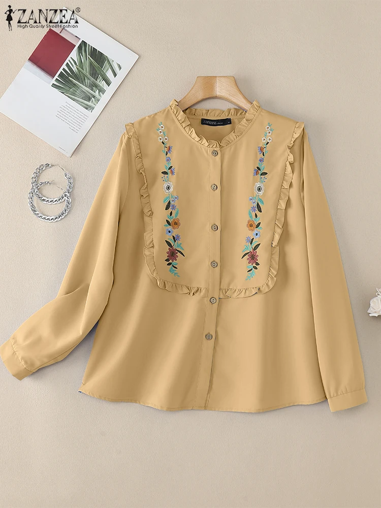 ZANZEA Camicie vintage Primavera Camicetta con ricamo floreale Donna Manica lunga O Collo Balza Top da lavoro Elegante Bottoni autunnali Blusas