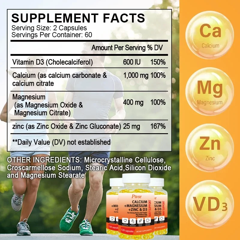 Calcium Magnesium Zinc Capsule Vitamin D3 for Strong Bones Teeth Heart Nerve Increase Immune System Function Supplement