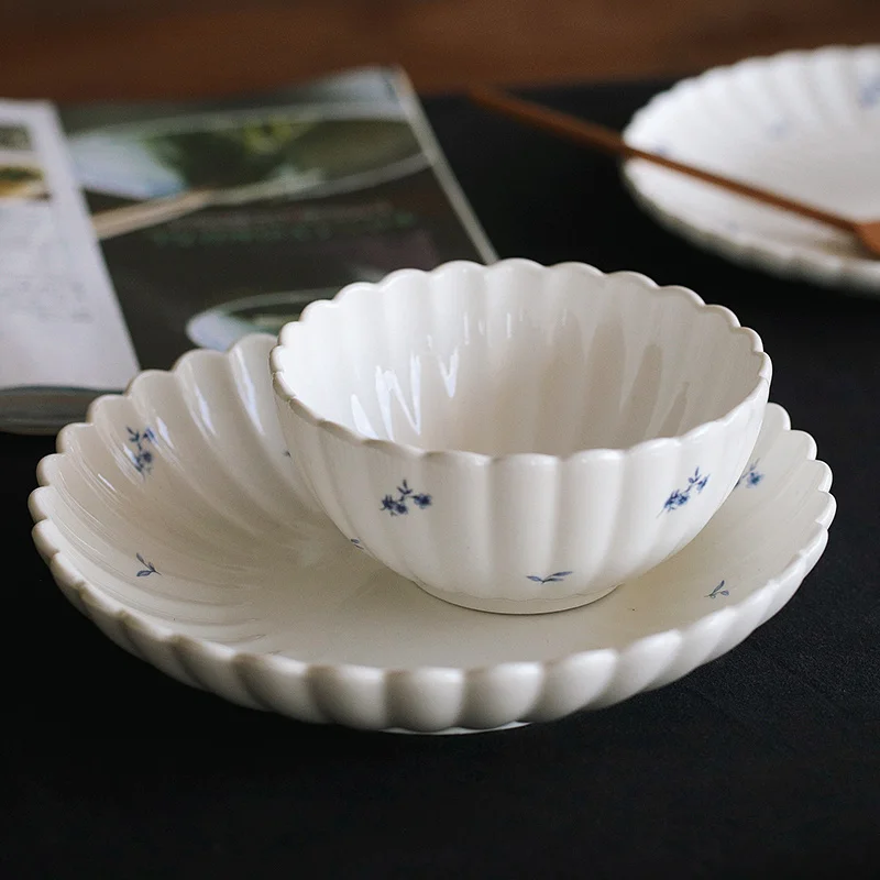 Pretty French Light Luxury Style High Temperature Firing Ceramics Bowl And Dish Set Salad Plate Simple Pattern Kitchen Tableware