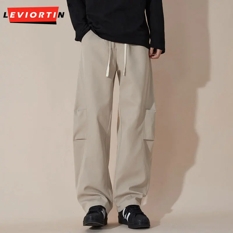 

American pleated curved casual pants for men's summer fashion versatile drawstring wide leg loose and simple workwear pants