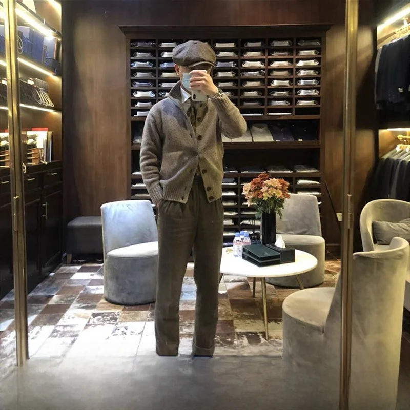 

T6548 Мужской вязаный кардиган, свитер, шерстяной лацкан на пуговицах, Thi Long Sve, повседневная свободная посадка, модная городская осенняя одежда