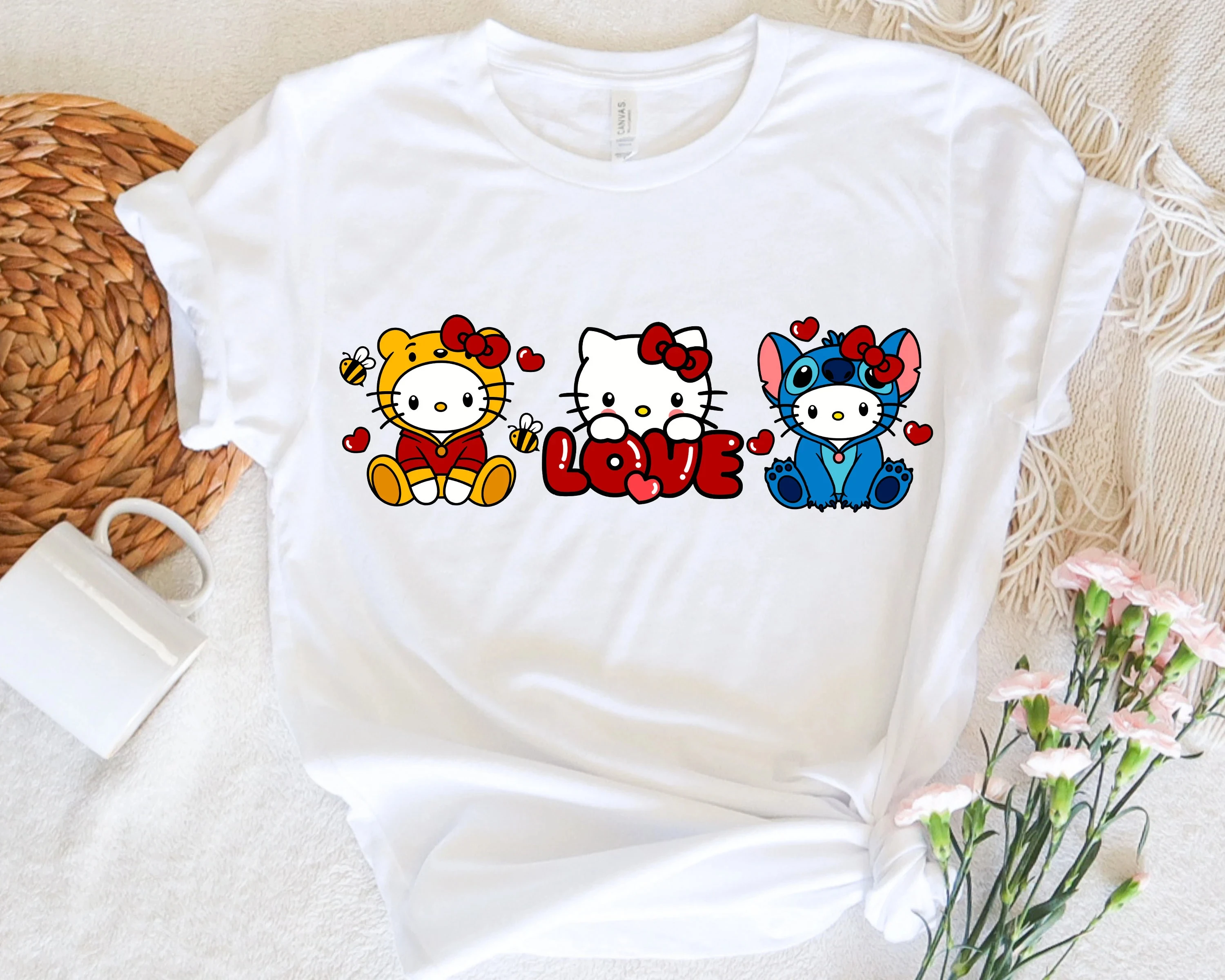 Hello Cat Love Shirt, Stitch Pooh Kitty Tee, Kawaii Cat Girls Top, Y2K Inspired Valentine’s Day Cartoon Character T-Shirt