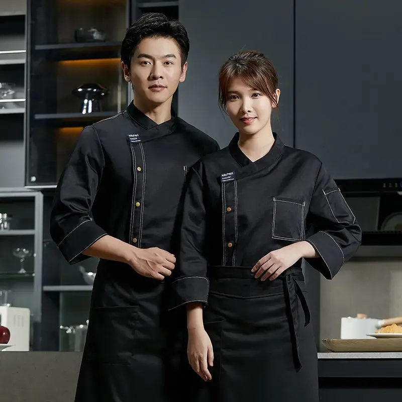 Uniforme de Chef de restauration à manches longues pour hommes, veste de Chef de cuisine, travail d'hôtel pour femmes, vêtements de serveur de Restaurant, tablier, chapeau, manteau de boulangerie