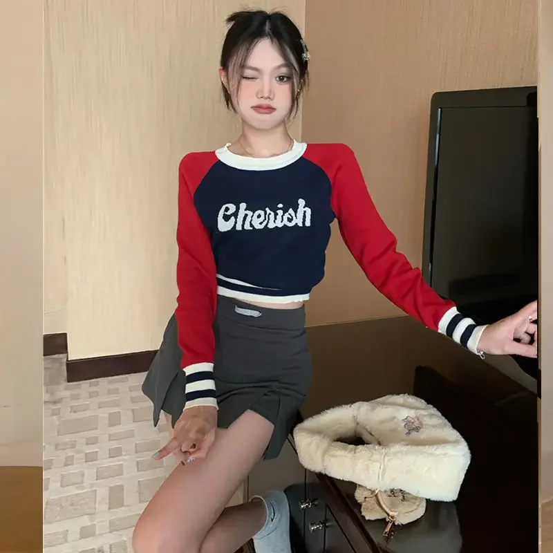 

Sexy Women Autumn Tops Patchwork Long Sleeve T-shirt Patchwork Slim All-match Fashionable Korean O-neck Knitwear Letter Retro Fa