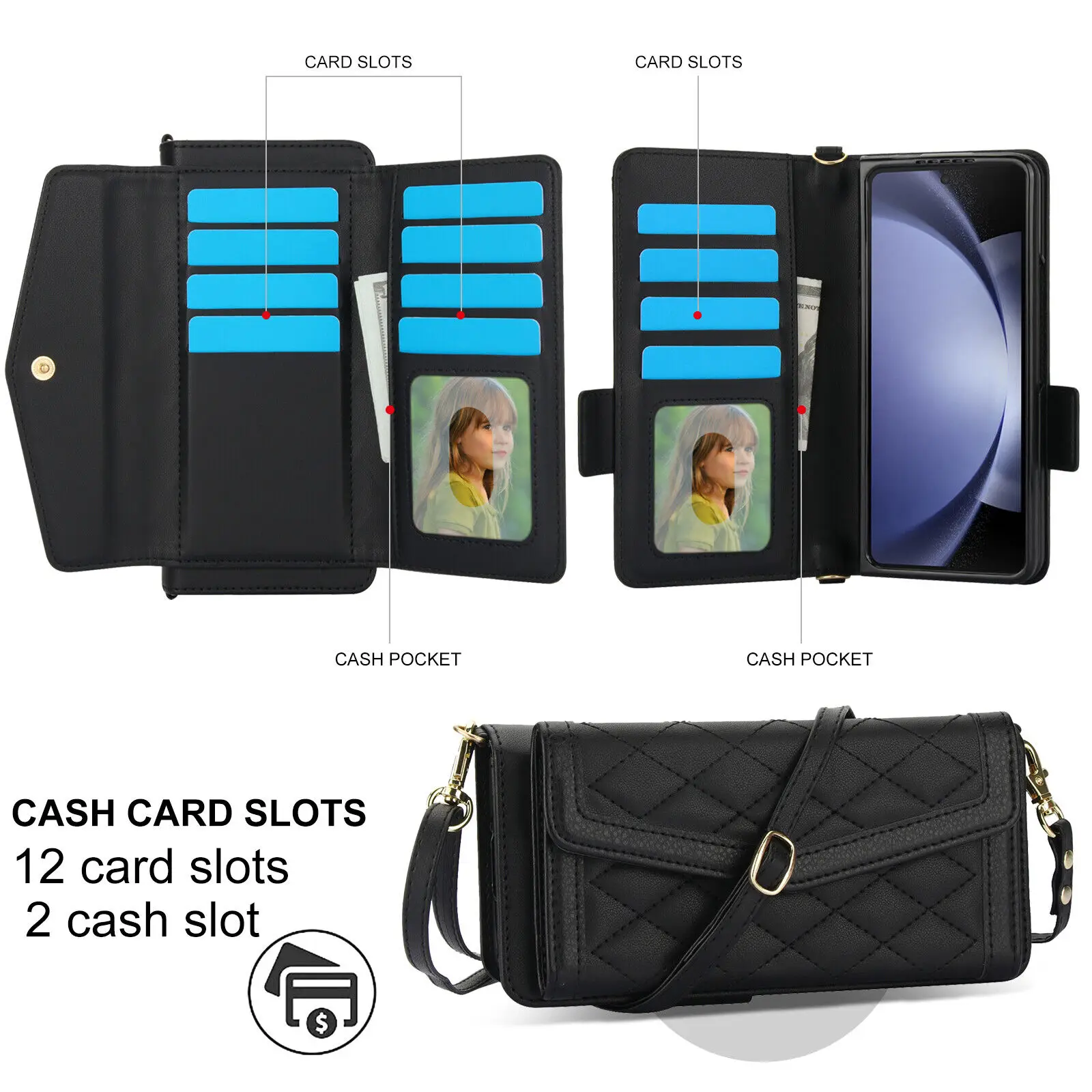 Crossbody Leather Wallet Phone Case Card Holder For Samsung Galaxy Z Fold 6 5 4 3 with S-Pen Holder Straps Hand Holder Cover