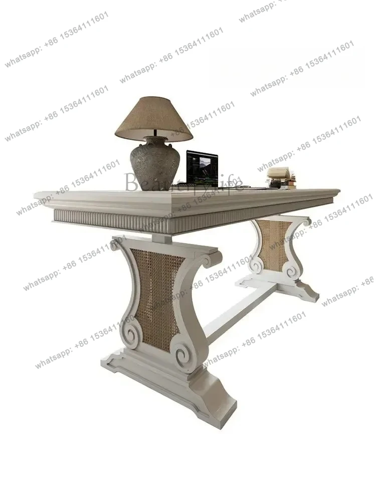 

American solid wood large desk French retro carved desk cream white integrated long dining table household