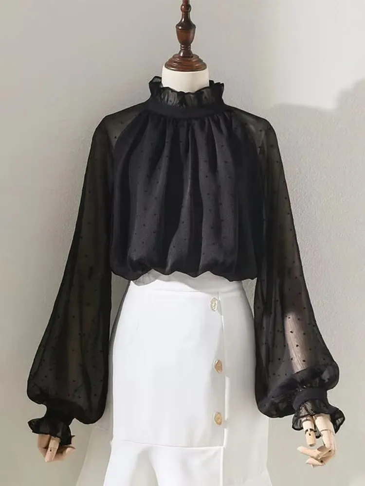 

Korean Fashion Chic Lantern Sleeve Stand Collar Thin Top Black Polka Dot Mushroom Collar Shirts Blusas Shirts & Blouses