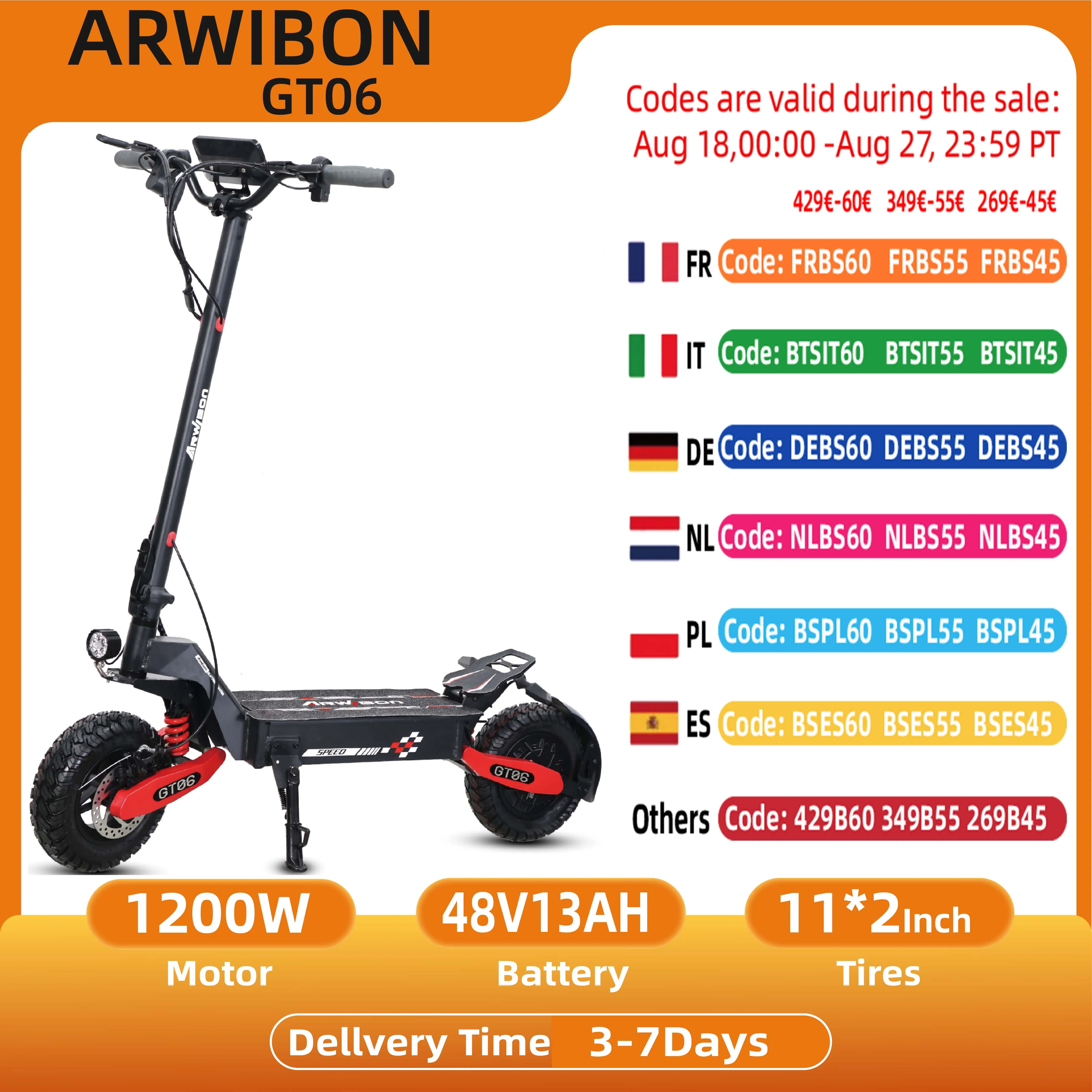 ARWIBON GT06 EScooter per adulti 1200W Motore pieghevole E-Scooter 48V13/23.4AH 11 Pneumatico Scooter elettrico per tutti i terreni