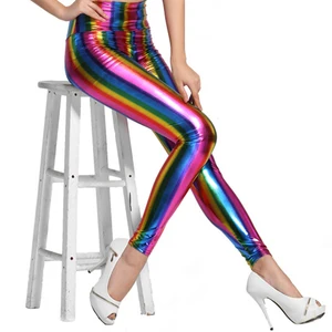 Female striped leather leggings, tight waist pants, Europe and the United States, hot, new, sexy, ladies, rainbow, gold, gold 10 Main Sales Leather Pants - №8