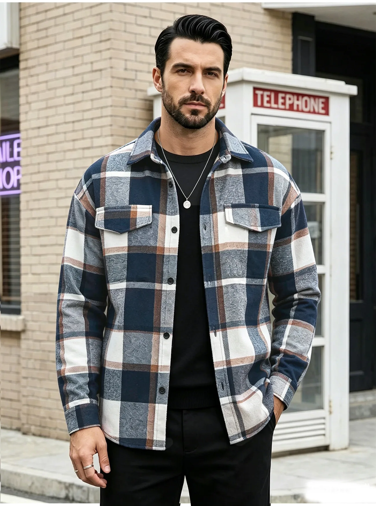 Men's retro checkered long-sleeved loose-fitting lapel jacket, an outdoor, casual, sporty, autumn daily streetwear coat