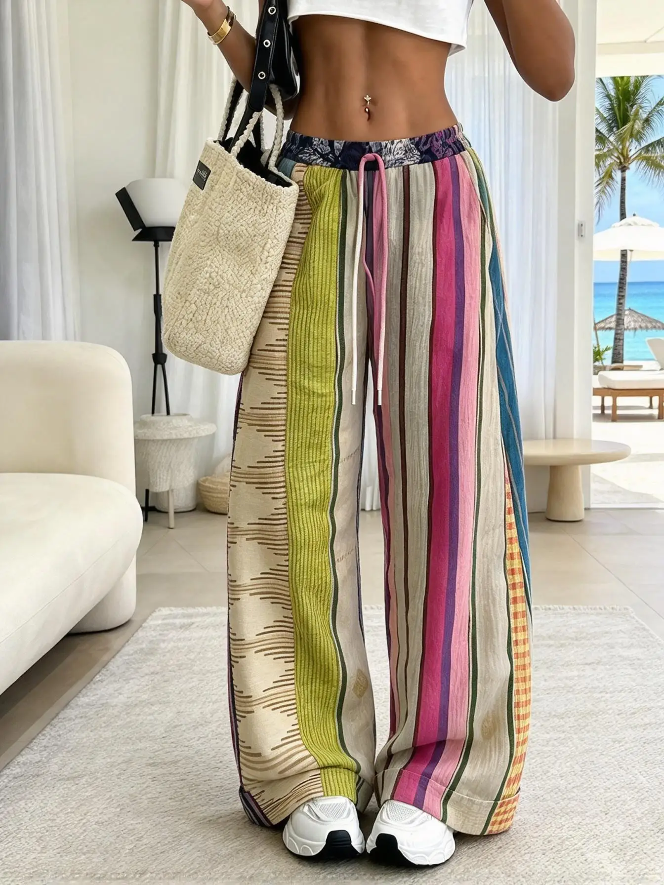 Women Low Waist Wide Leg Pants Boho Geometric Striped Print Drawstring Elastic Loose Beach Trousers