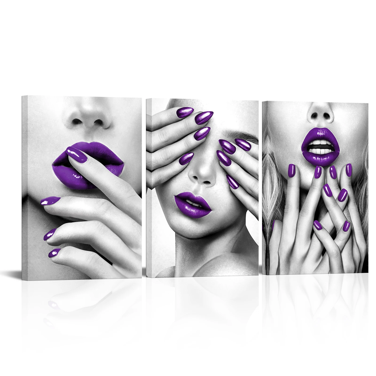 

3 Pieces Beautiful Lady Wall Art Poster Purple Lipstick Print Canvas Painting Modern Style Picture Living Room Home Decor