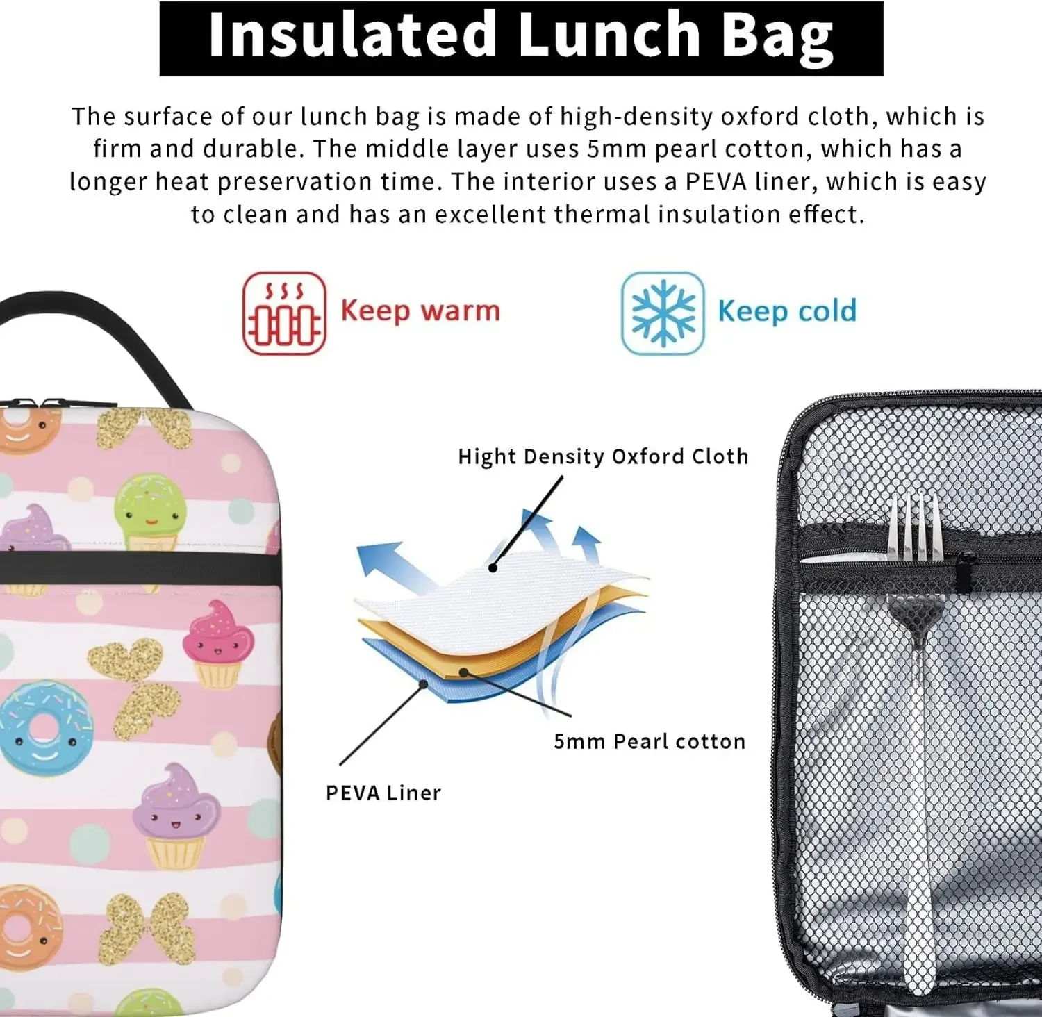 Donuts Lunch Bag Double Insulated Leakproof Lunch Box Tote Bag Cooler Lunch Organizer for Work Picnic Travel Camping