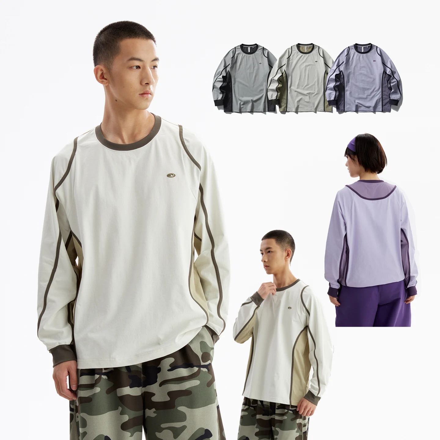 Unisex Contrast Splicing Long Sleeve Tee Quick Dry Antibacterial UV Protection Breathable Mesh Outdoor Crew Neck Top