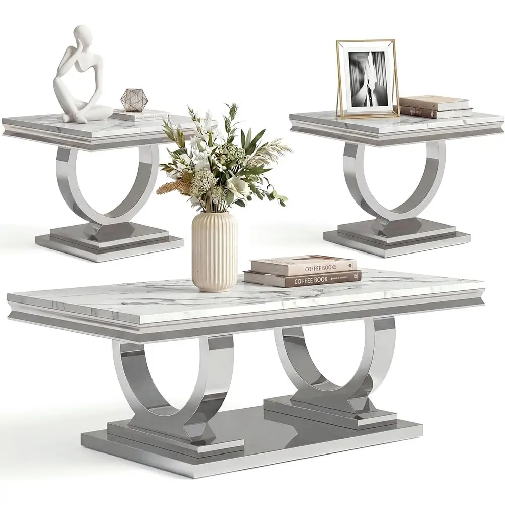

Luxurious Marble Coffee and End Table Set, 3-Piece, White Marble Top with Silver Stainless Steel Bases