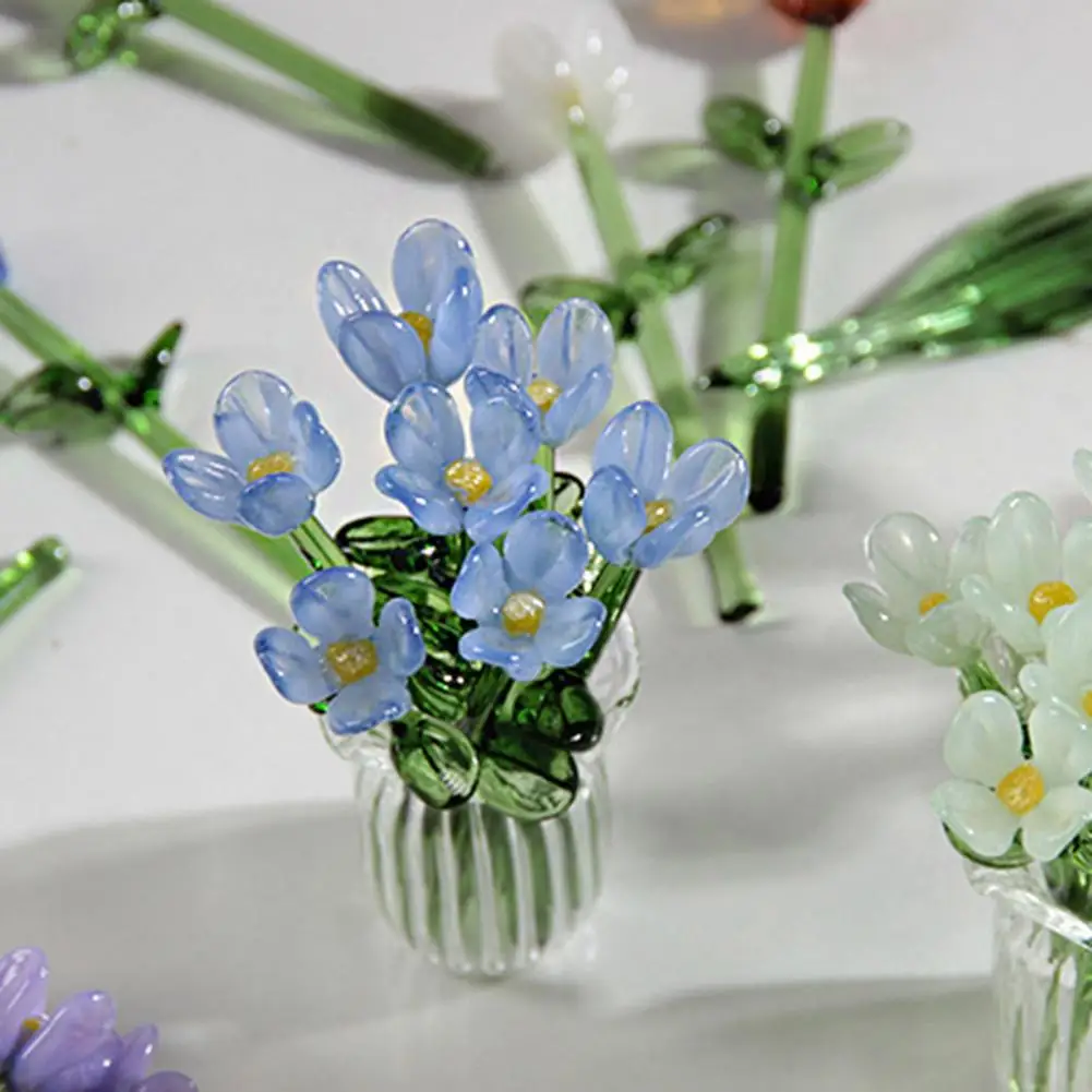 Glass Flower Bouquet with Vase Hand-Blown Mini Flower Decoration Home Living Room Handmade Simulation Floral Ornament Stem 90%