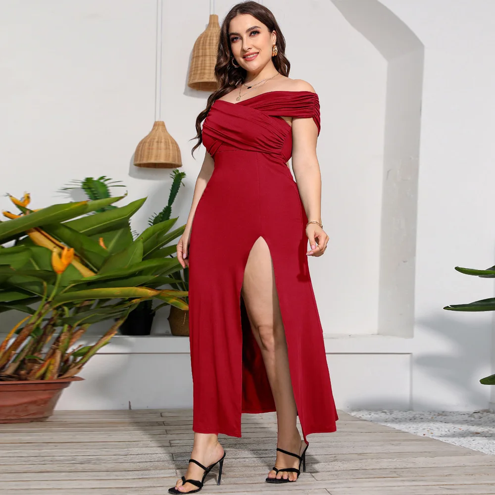 2023 Summer New Off Shoulder Style French Long Split Dress Large Women's Wear