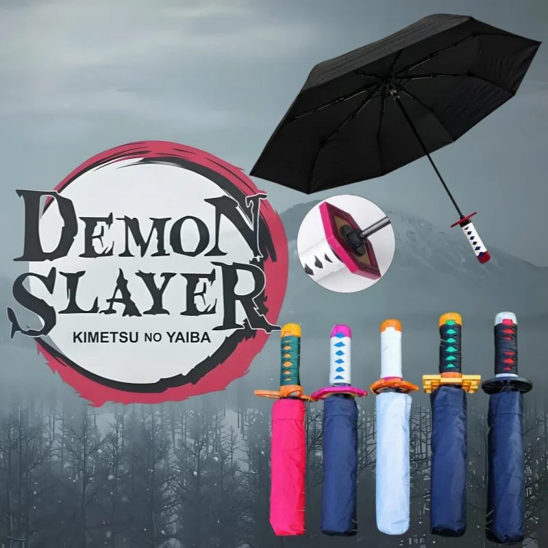 Demon Slayer 3-folding Katana Umbrella Solid Color Kimetsu No Yaiba Sword Umbrella Real Size Japanese Katana Anime Rain Gear