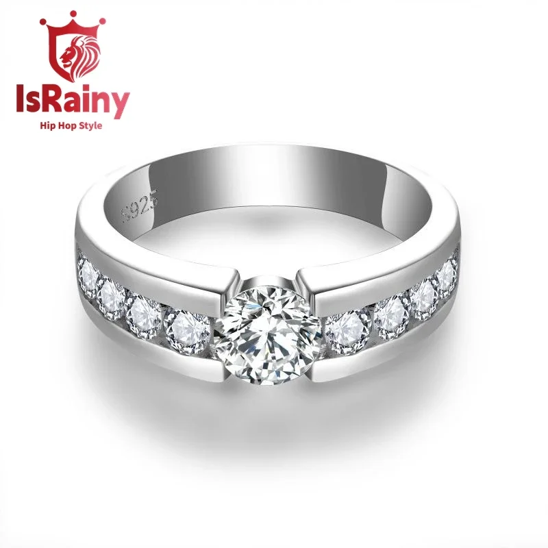 

IsRainy Hip Hop Rock Solid 925 Sterling Silver Real GRA Round Moissanite Diamonds Rings Engagement Anniversary Fine Jewelry