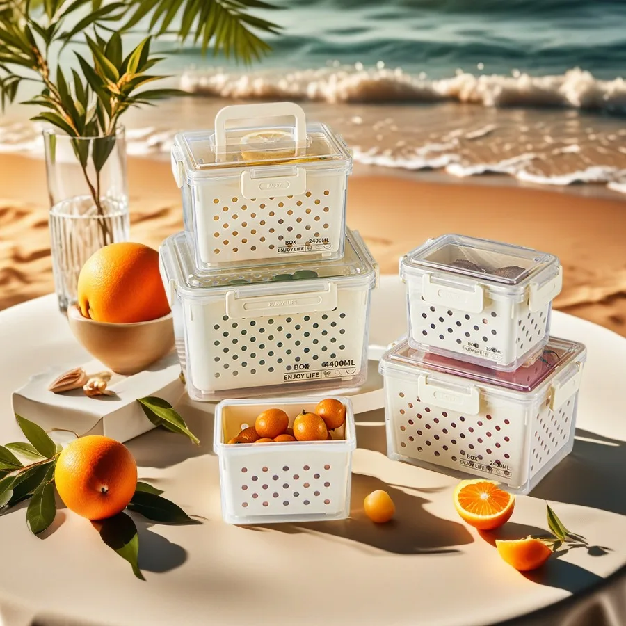 6pcs/set 2025 New Ultra Large Capacity Food Storage Box (3 Storage Boxes+3 Drain Baskets),with Handles, Leak Proof, and Reusable