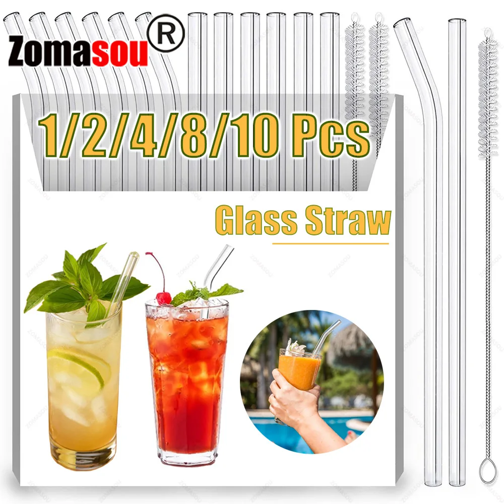 1-10Pcs Reusable Glass Smoothie Straw, Clear Drinking Straws for Smoothie Milkshakes Environmentally Friendly Drinkware Straw