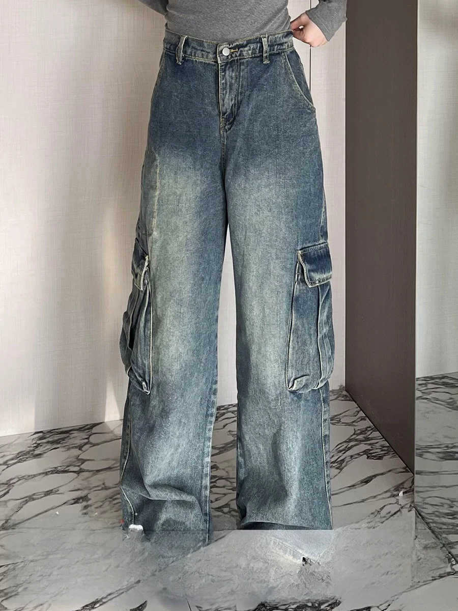 

Американские ретро Waed ket рабочая одежда джинсовые брюки женские свободные драпированные повседневные брюки с высокой талией широкие повседневные джинсы