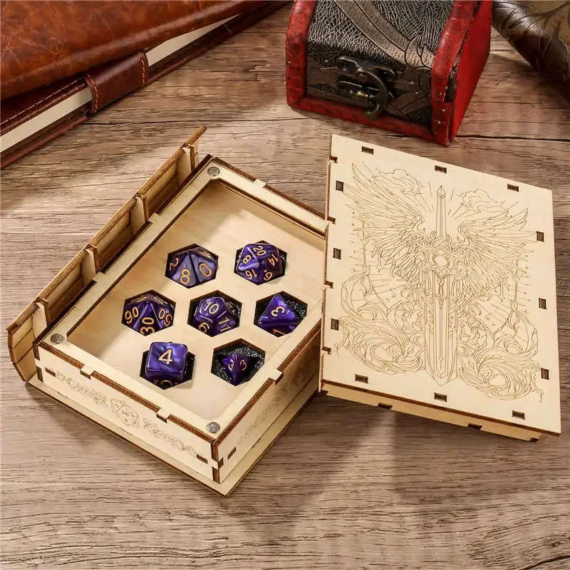 

Набор из 7 фиолетовых пластиковых многогранных кубиков, деревянный футляр для книг, коробка-органайзер для хранения кубиков DND, аксессуар для настольных ролевых игр