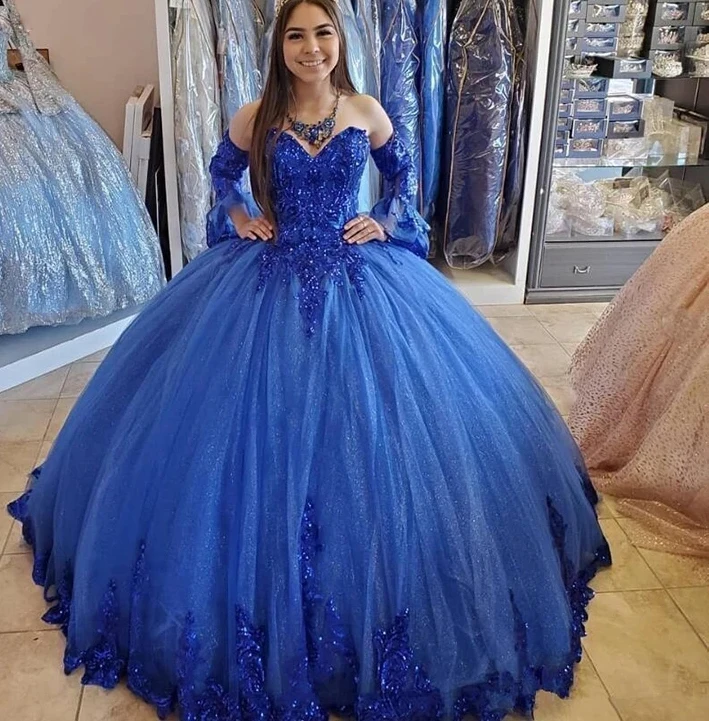 الأزرق الملكي الدانتيل تول الحلو 15 16 Quinceanera فساتين الحبيب كم طويل الأميرة حفلة موسيقية فستان الكرة ثوب الزفاف